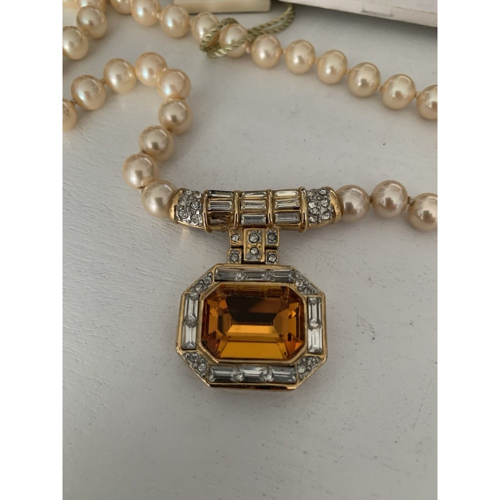 VTG LES BERNARD Pearl‎ Citrine Yellow Amber Clear Rhinestone GoldTone Necklace